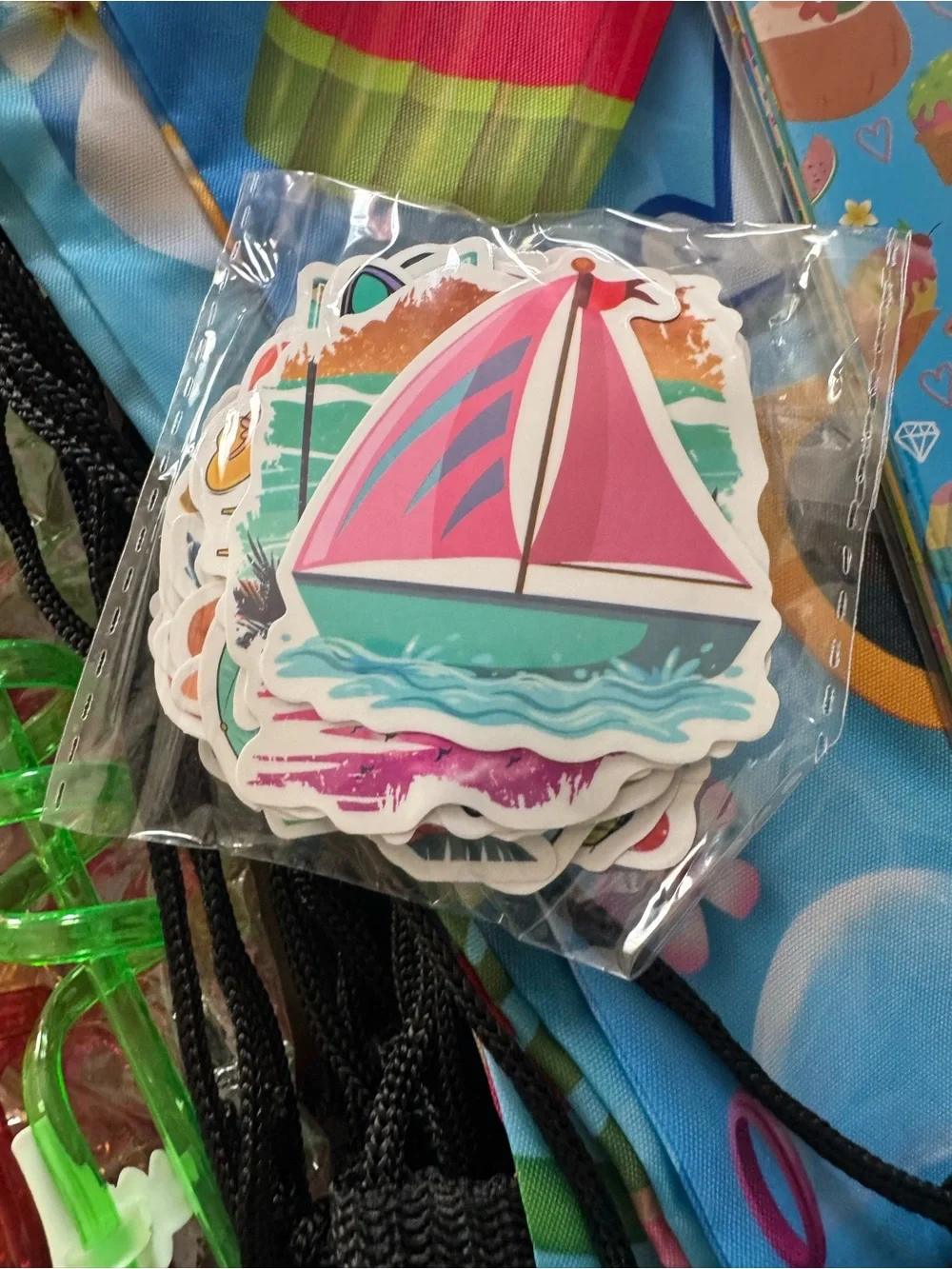 Multicolor Kids Spiral Drink Straws with Fun Beach Drawstring Bag